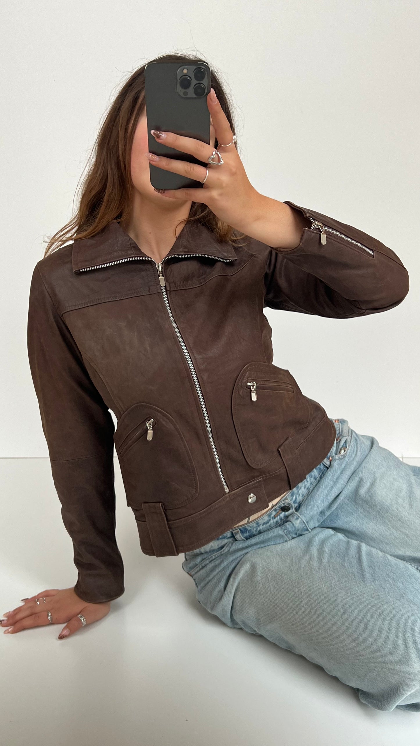 00s brown leather jacket- size L