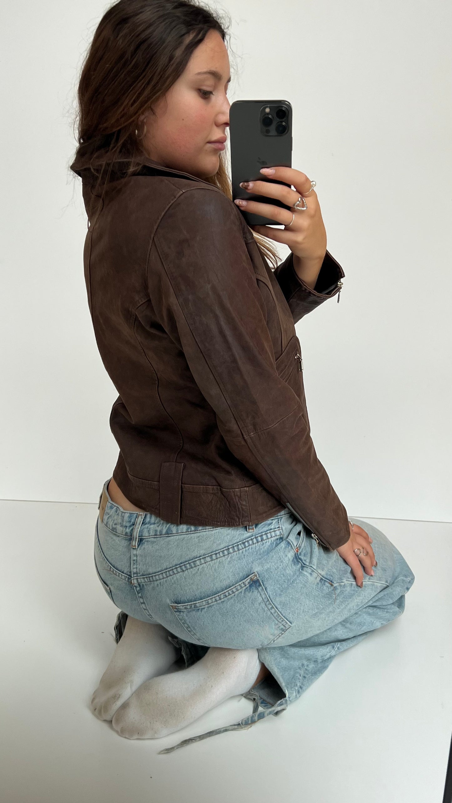 00s brown leather jacket- size L