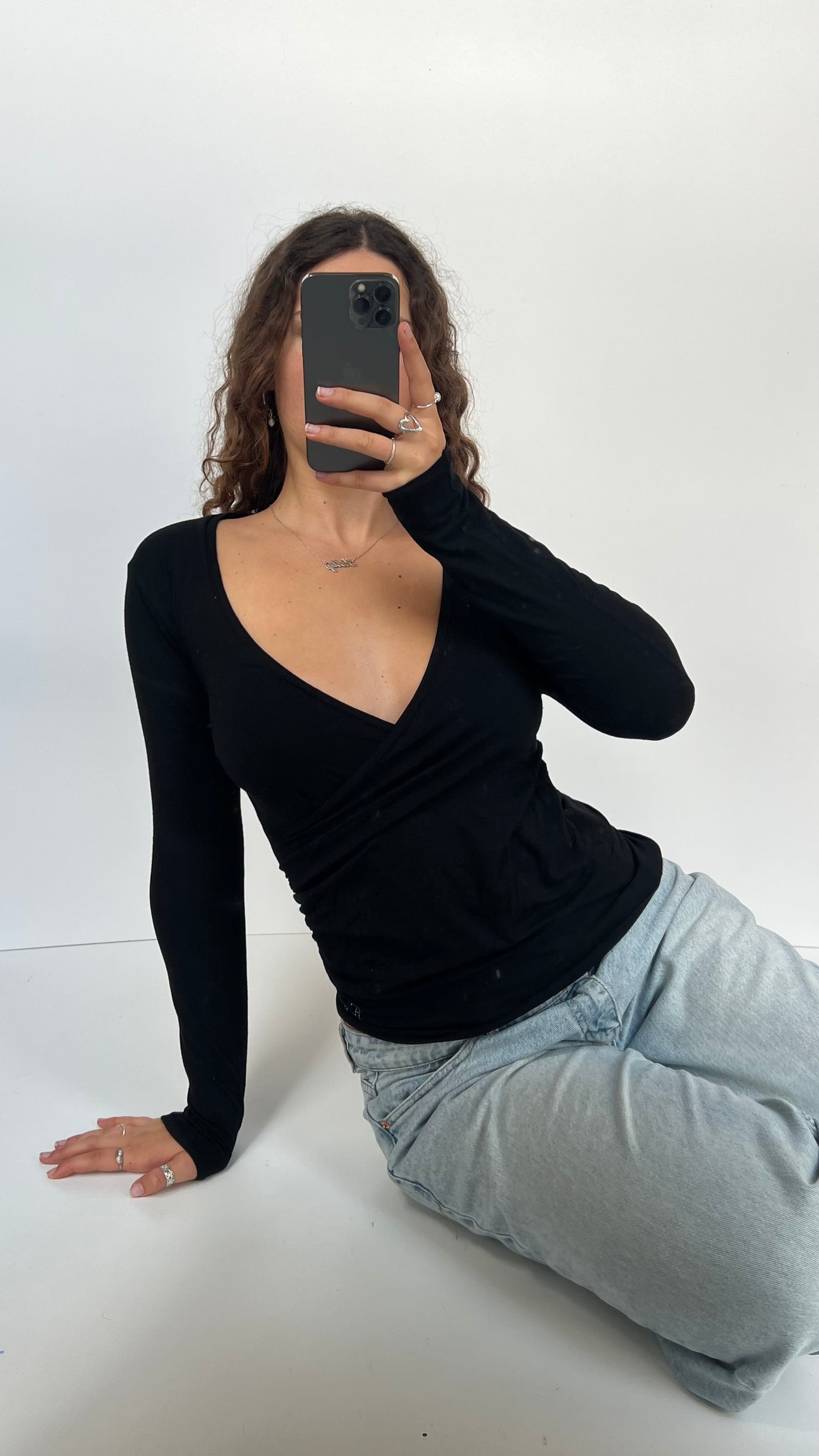 00s black wrap long sleeve top- size M