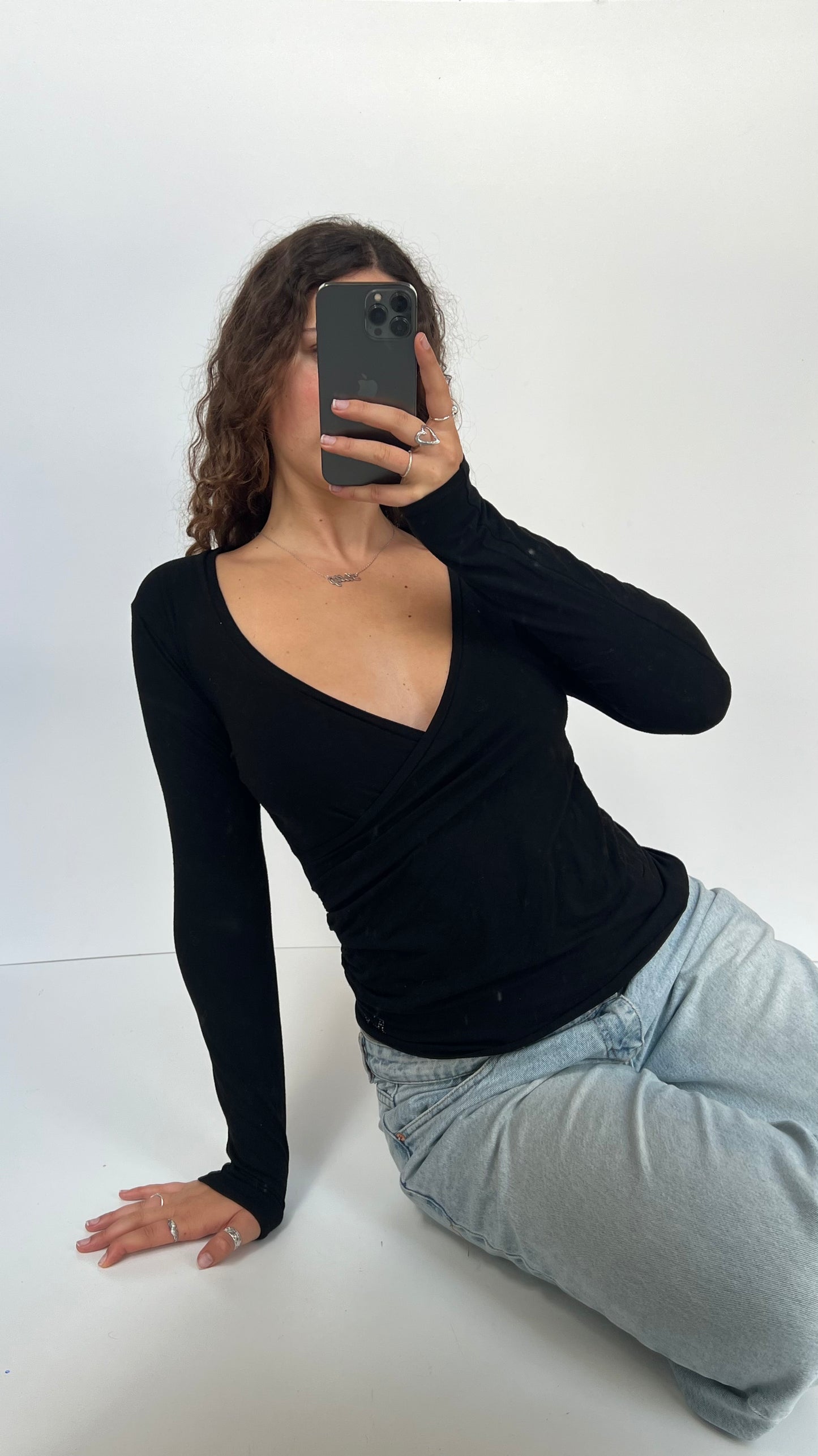 00s black wrap long sleeve top- size M