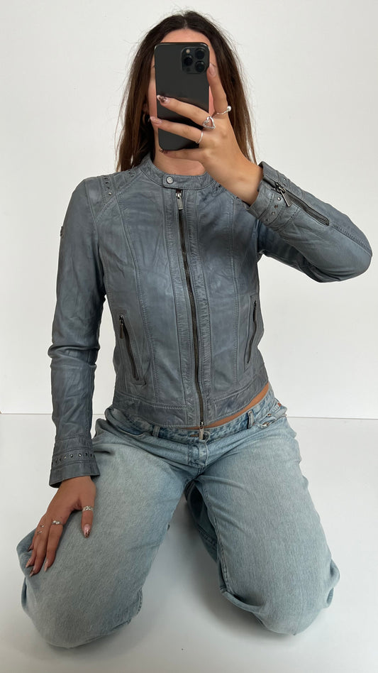 00s blue leather jacket- size S