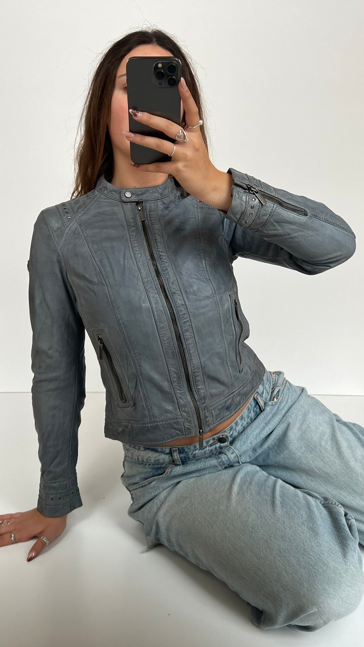 00s blue leather jacket- size S