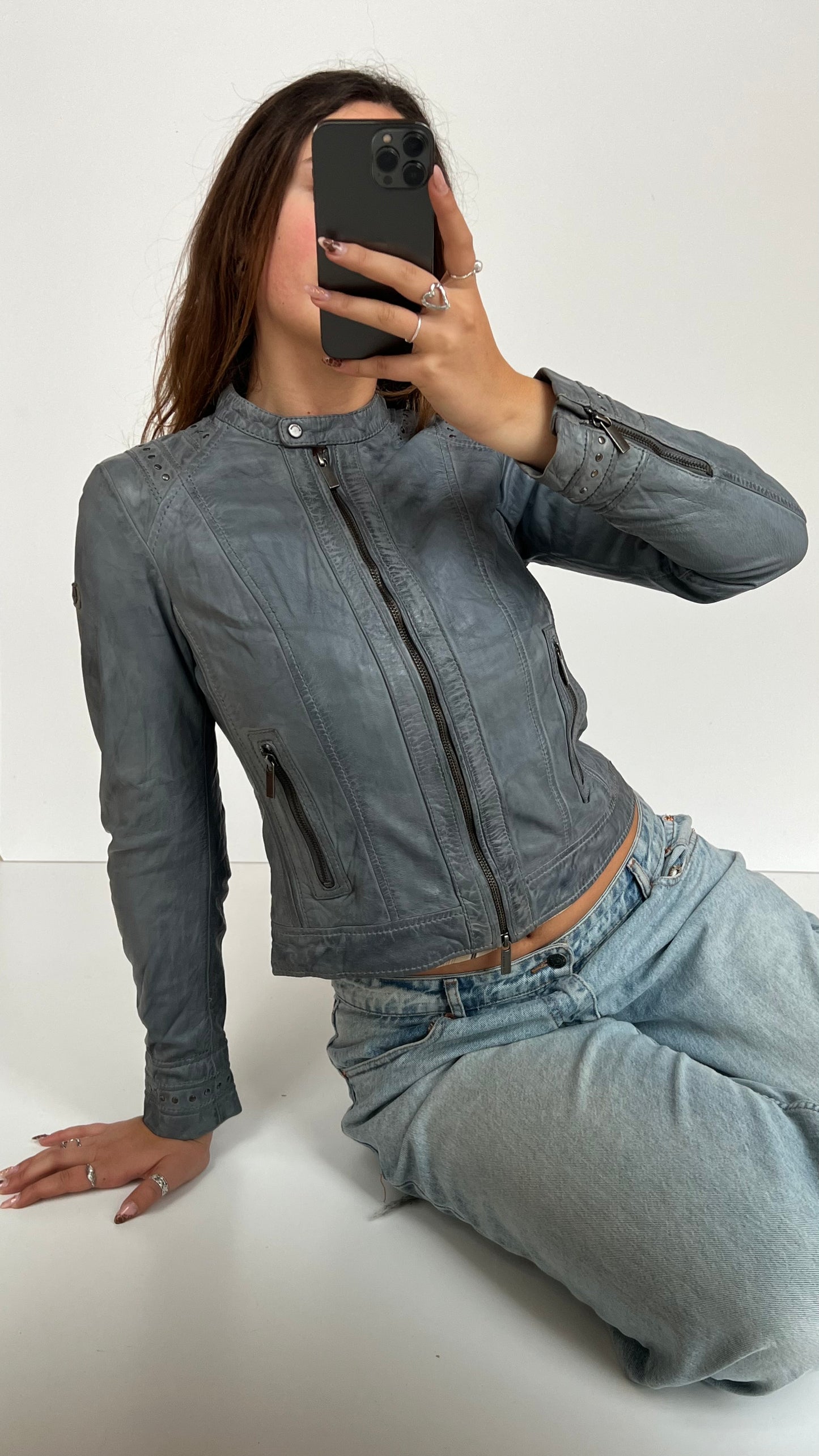 00s blue leather jacket- size S