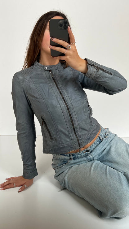 00s blue leather jacket- size S