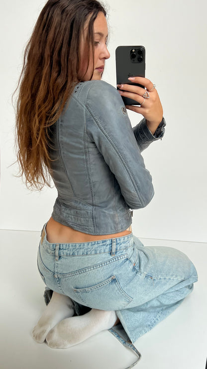 00s blue leather jacket- size S