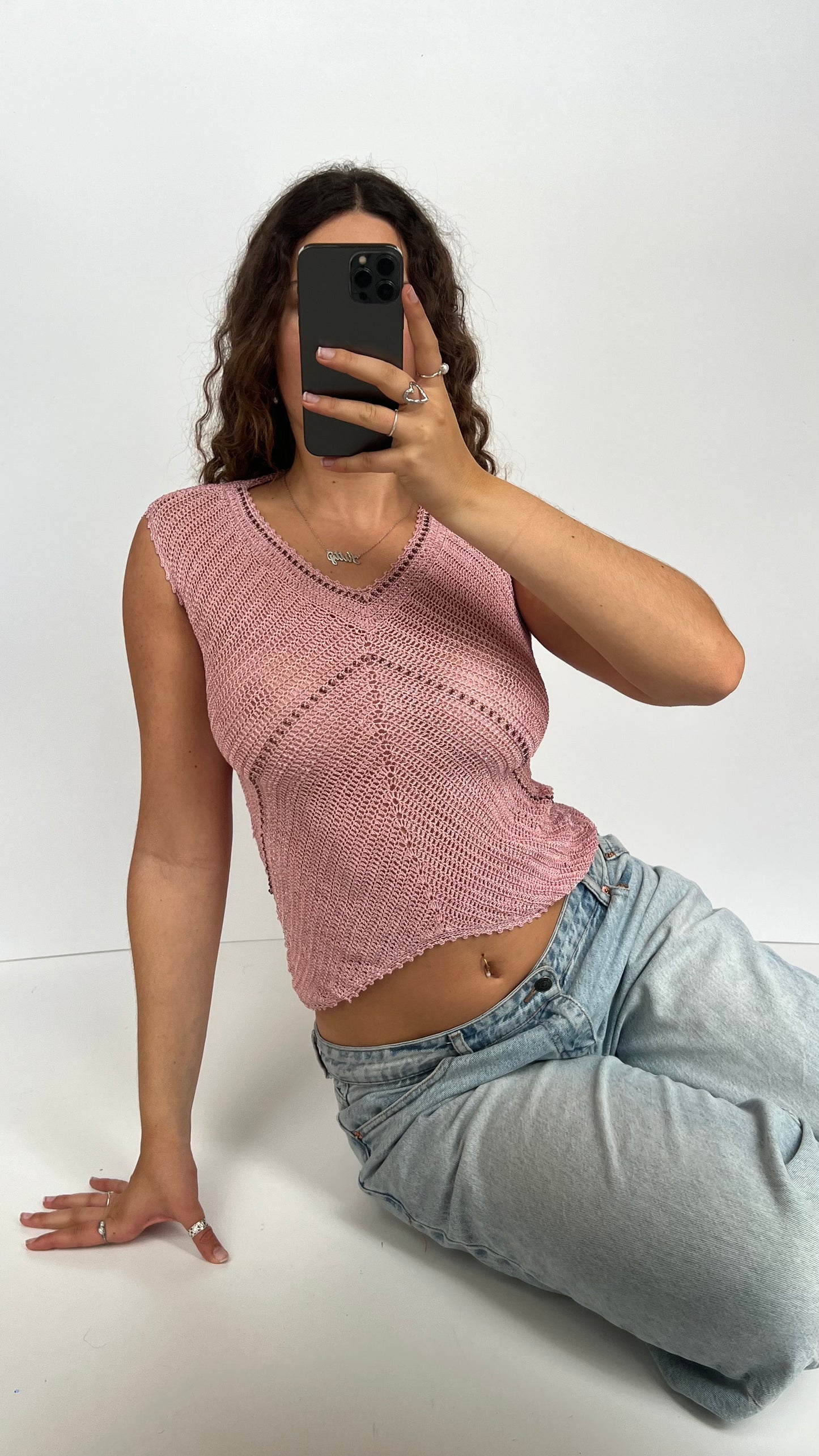 00s pink beaded crochet top- size S