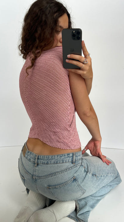 00s pink beaded crochet top- size S