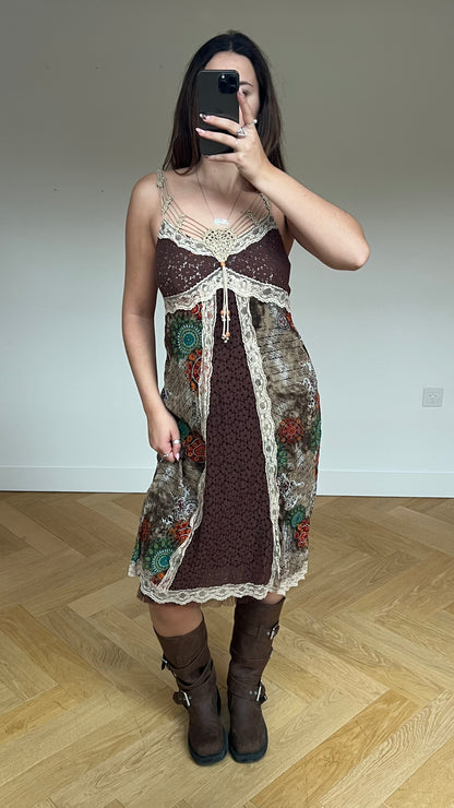00s boho brown midi dress- size L