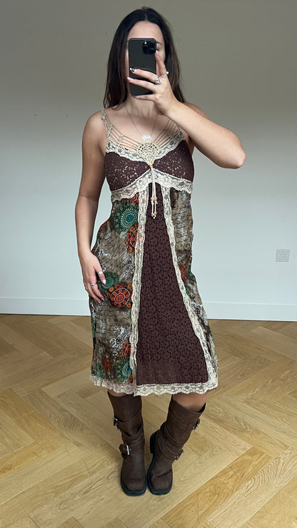 00s boho brown midi dress- size L