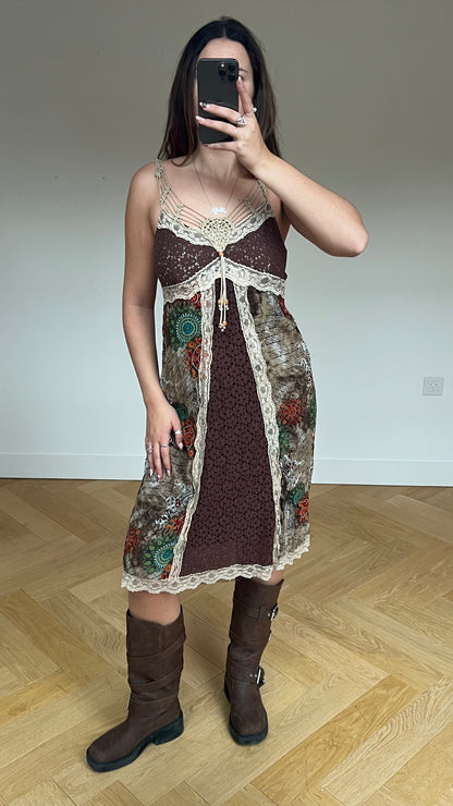 00s boho brown midi dress- size L