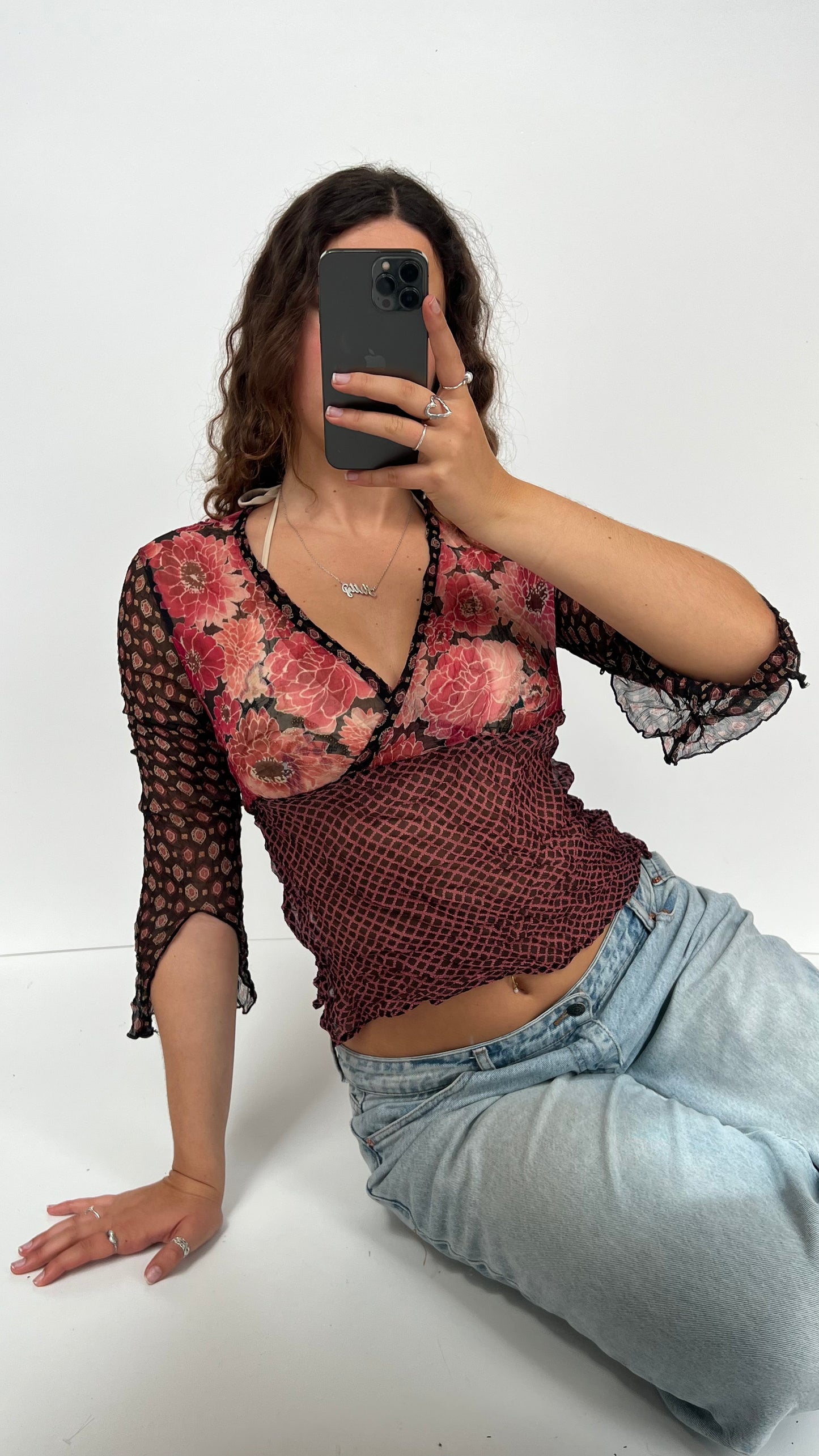 00s pink floral silk top- size L