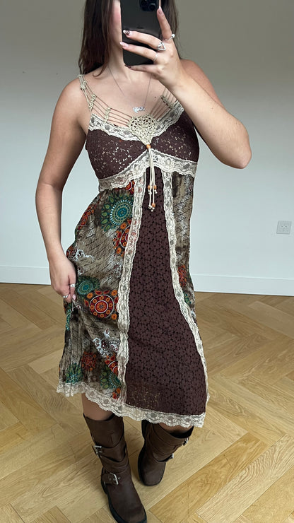 00s boho brown midi dress- size L