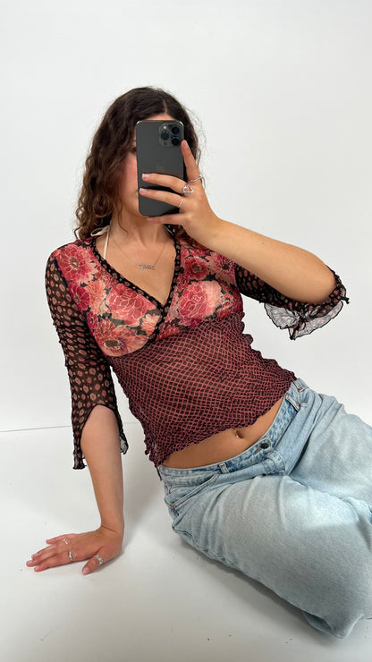 00s pink floral silk top- size L