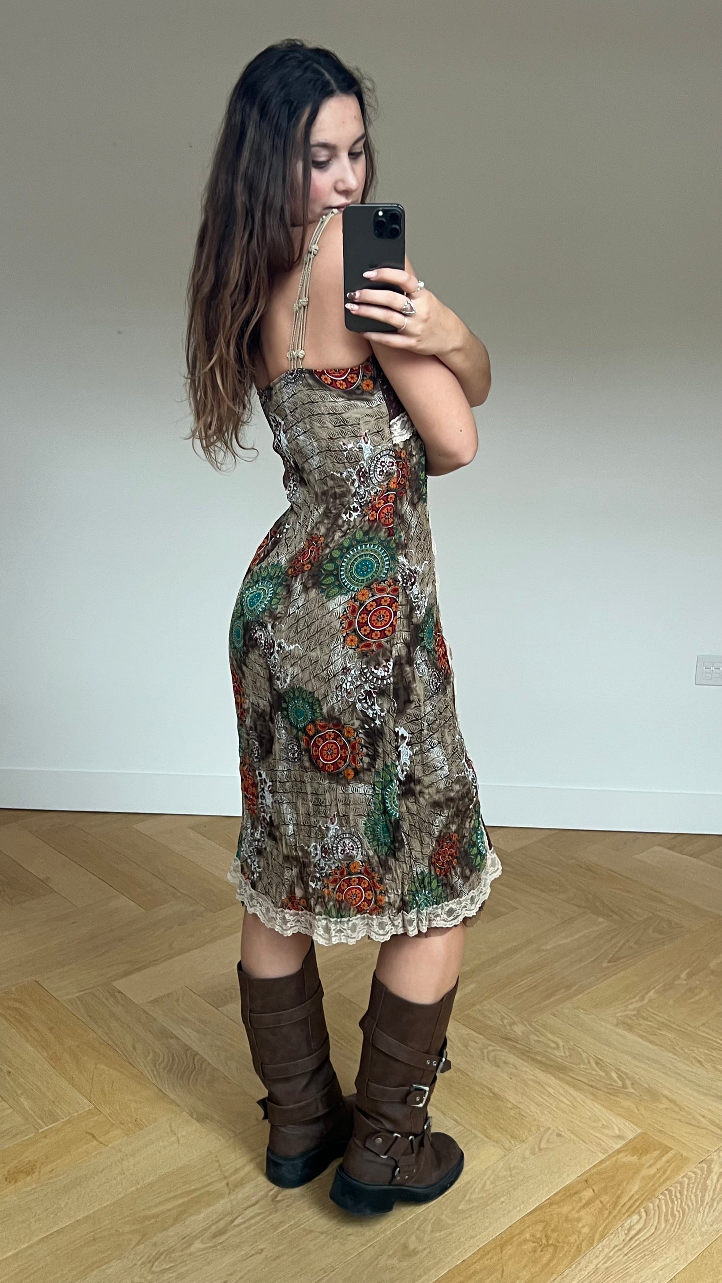 00s boho brown midi dress- size L