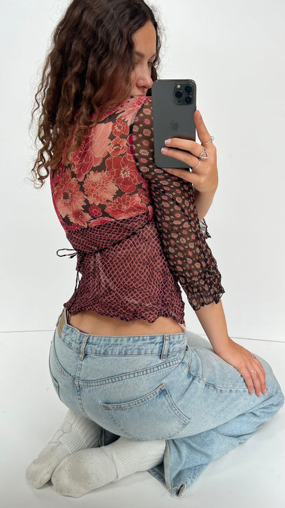 00s pink floral silk top- size L