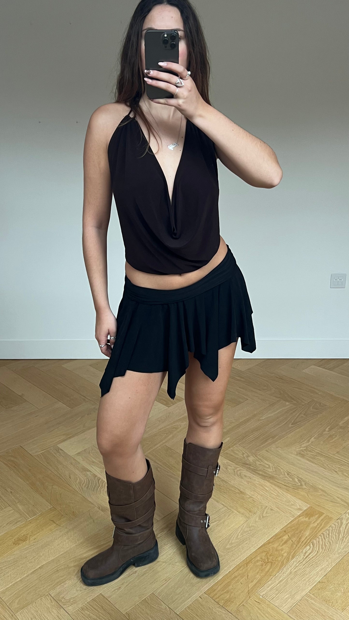 00s black slinky mini skirt- size S