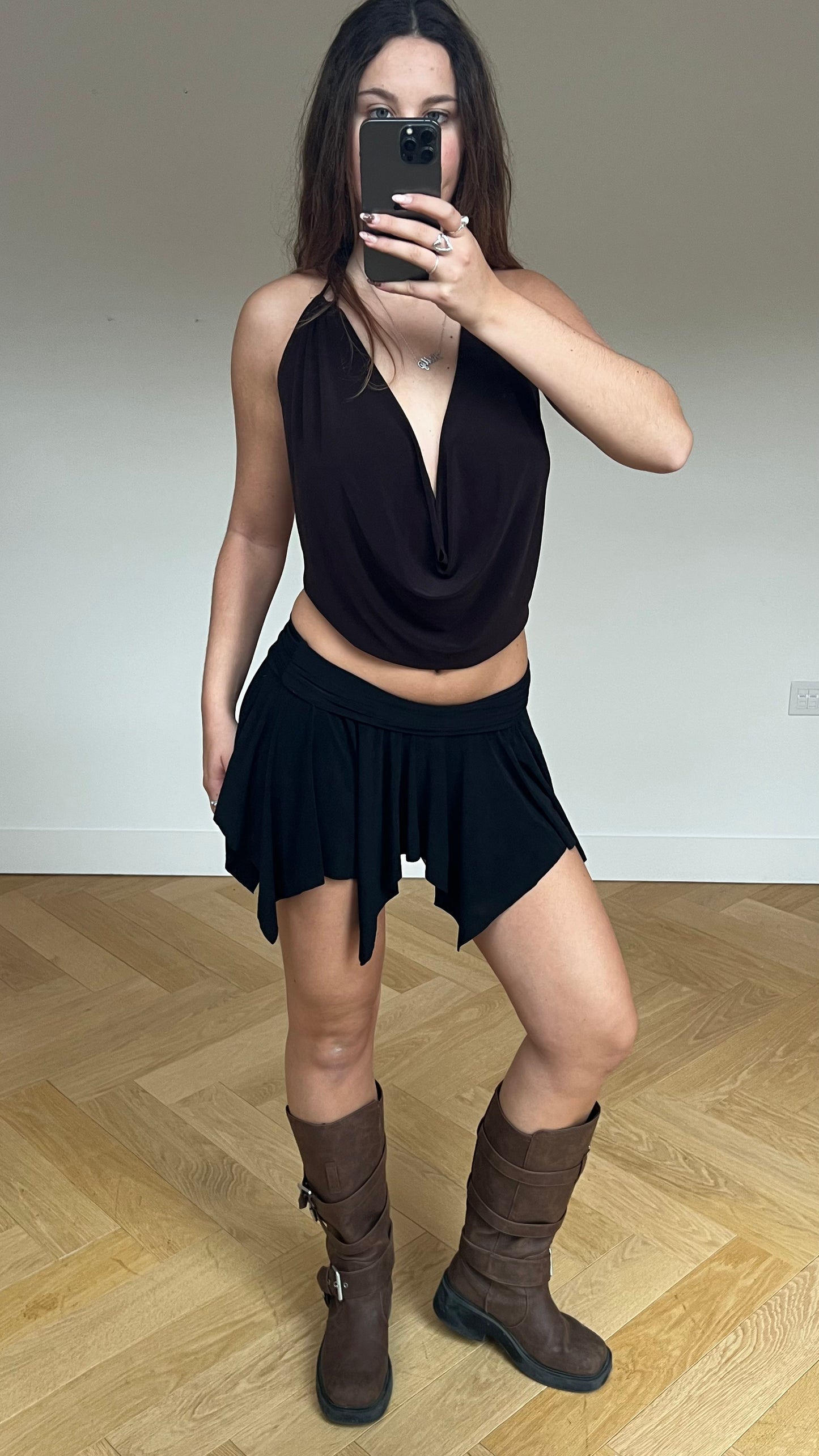 00s black slinky mini skirt- size S