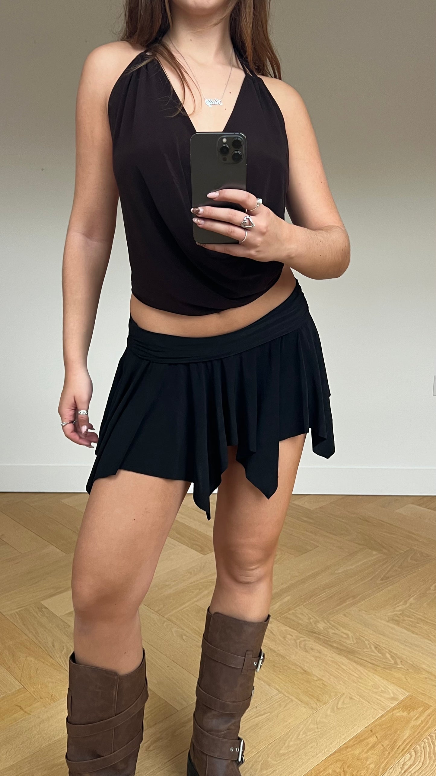 00s black slinky mini skirt- size S