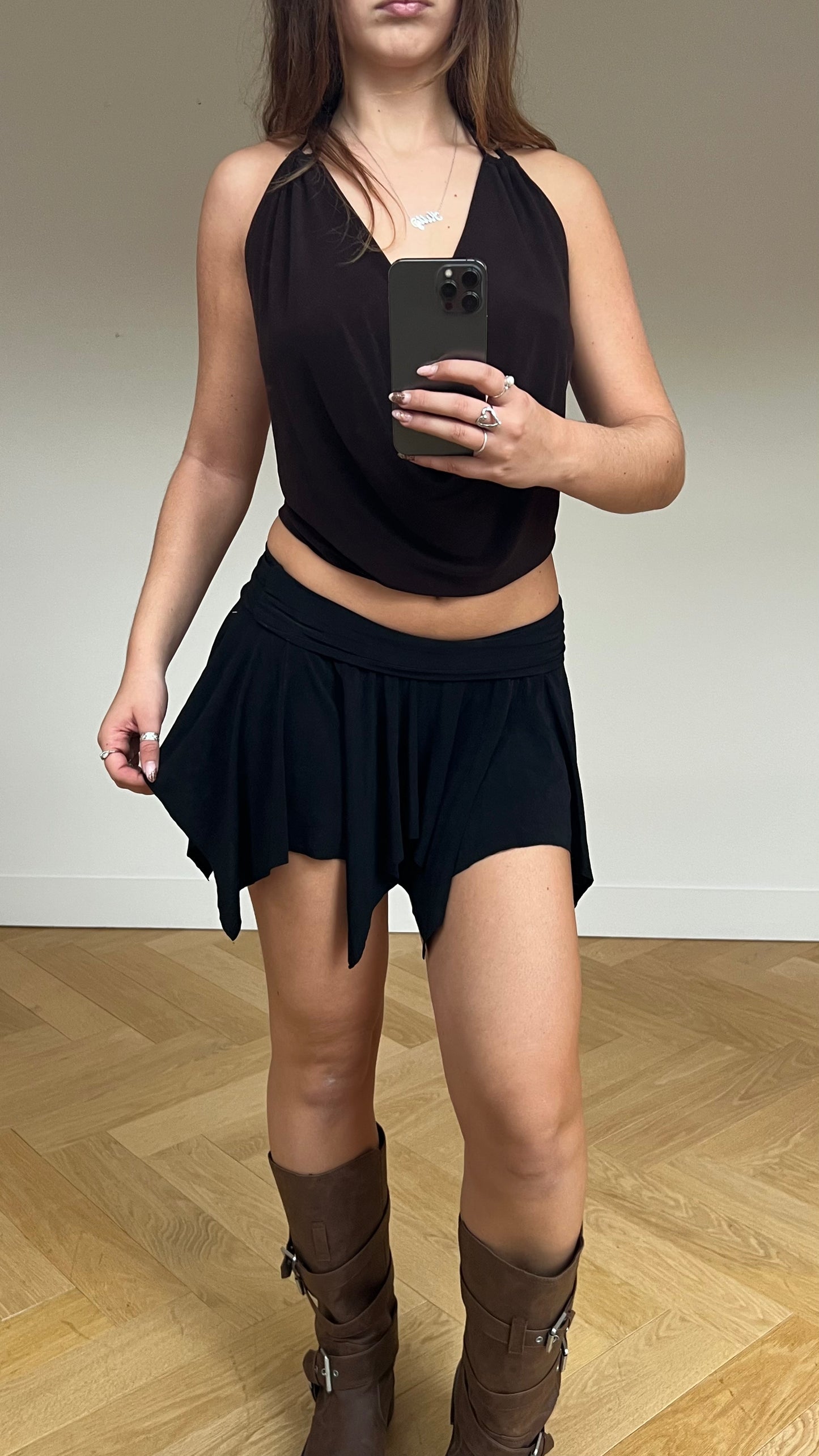 00s black slinky mini skirt- size S