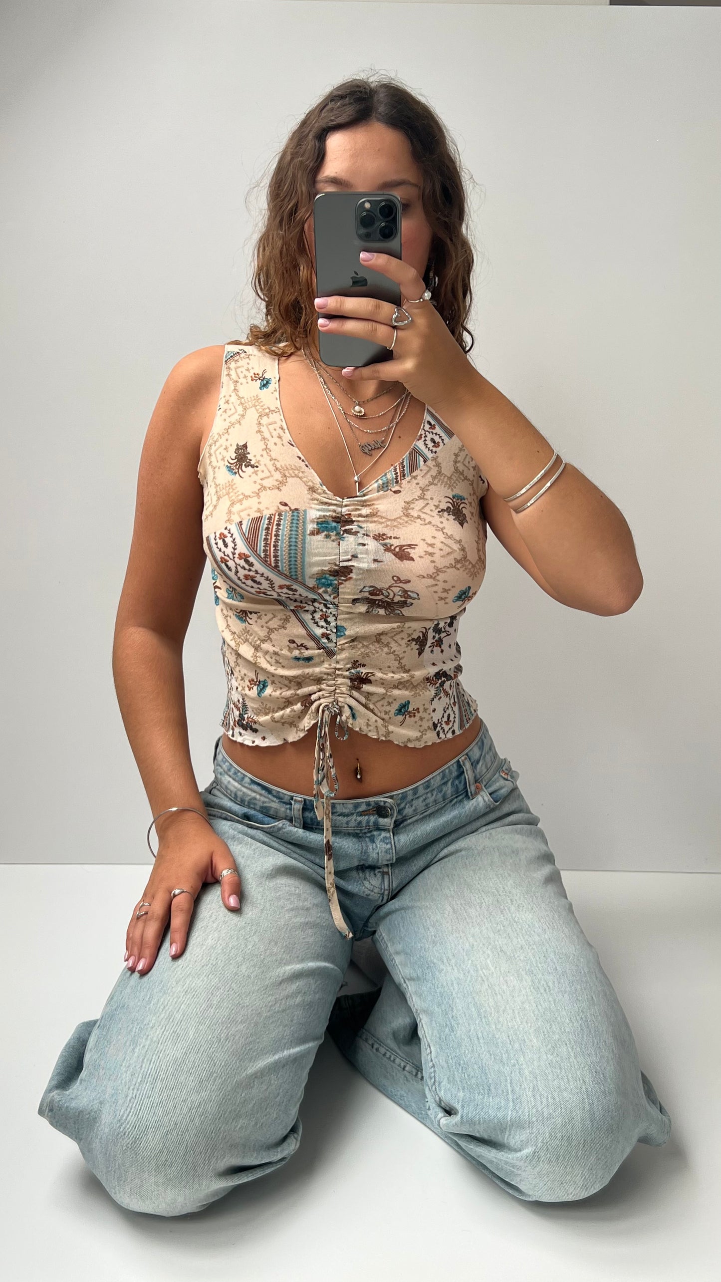 00s beige mesh patchwork cami top- size XS