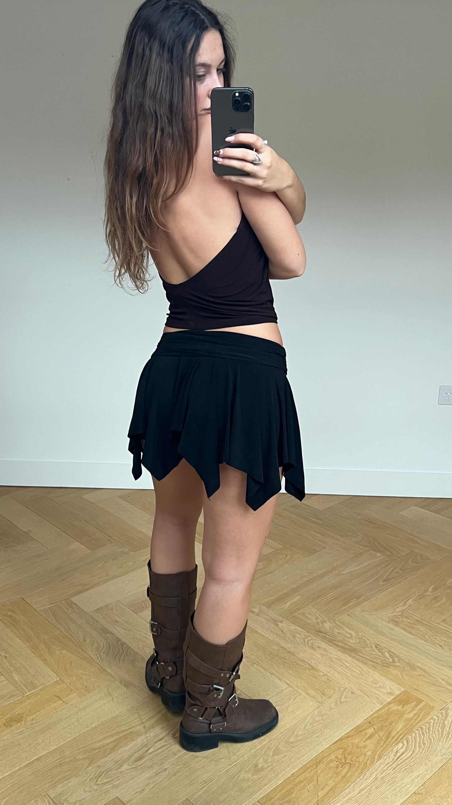 00s black slinky mini skirt- size S