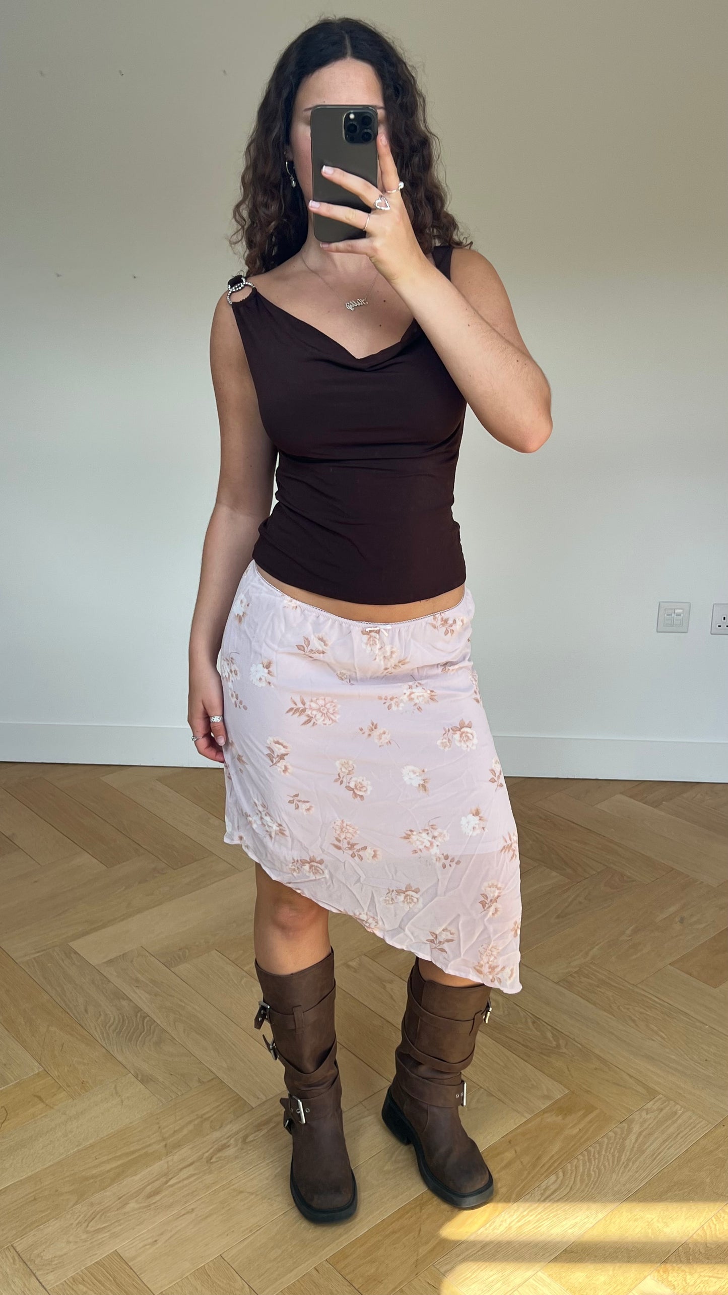 00s pink floral midi skirt- size S