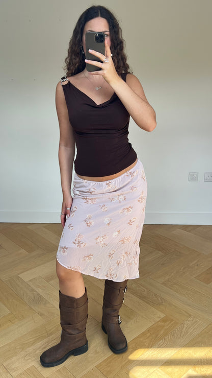 00s pink floral midi skirt- size S