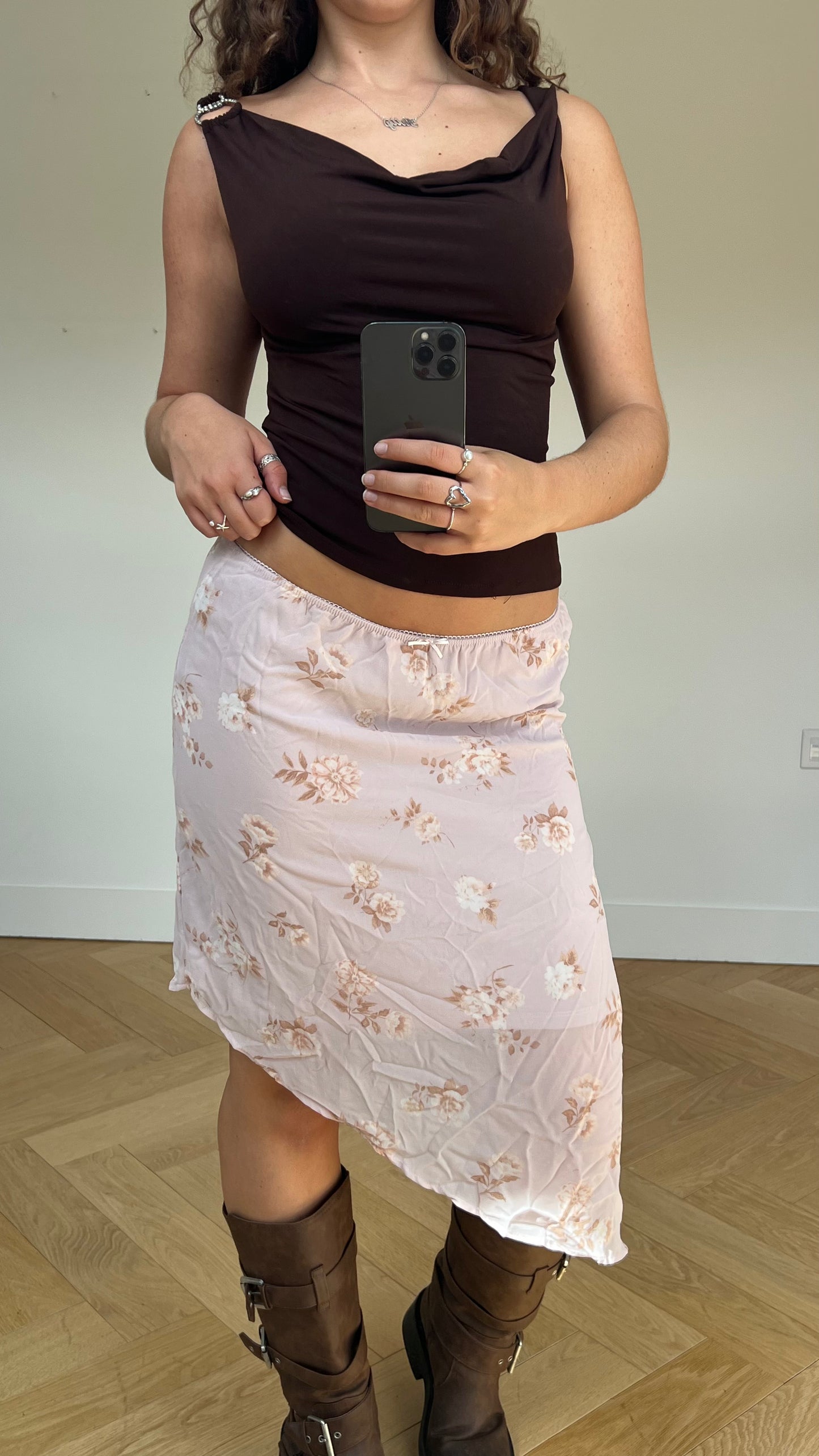 00s pink floral midi skirt- size S