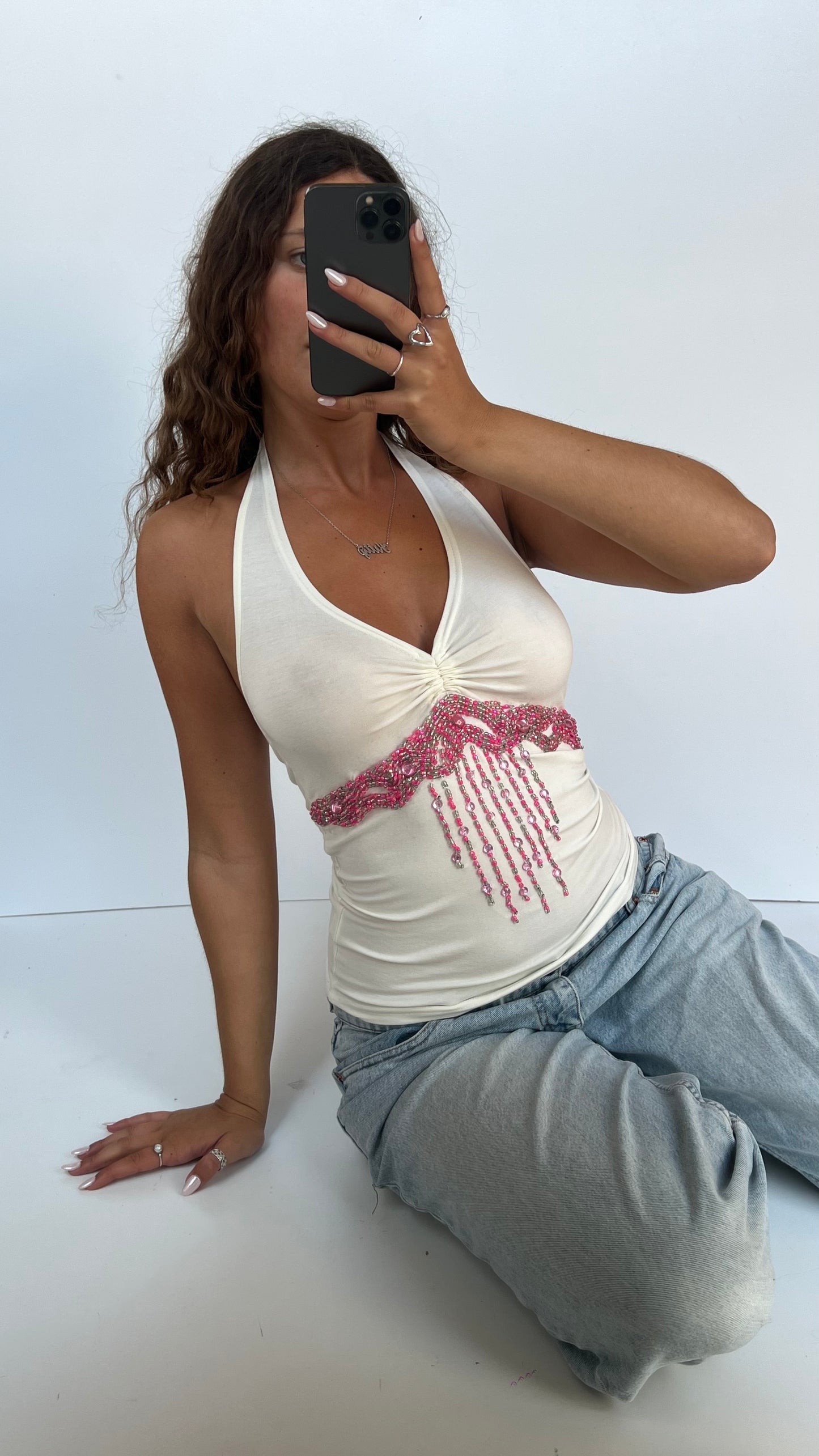 00s white pink beaded cami- size M