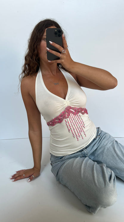 00s white pink beaded cami- size M