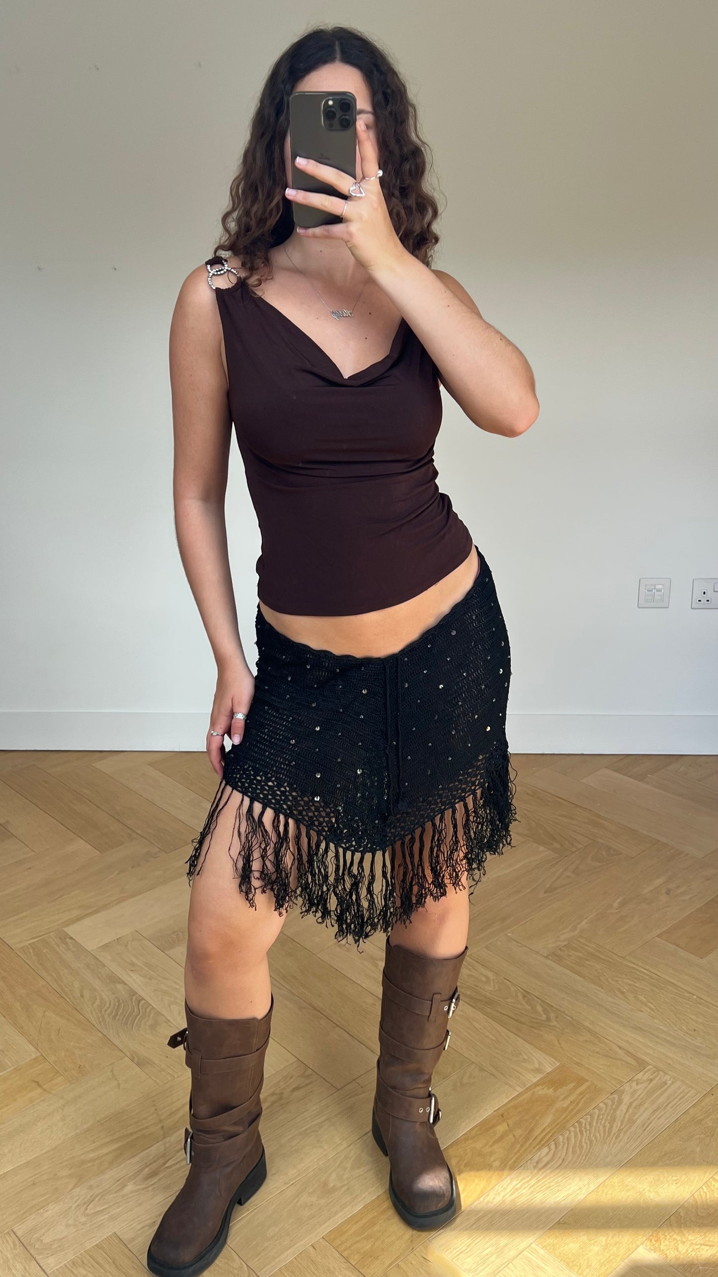 00s black crochet sequin skirt- size M