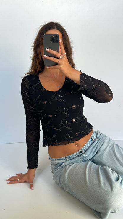 00s black floral top- size S