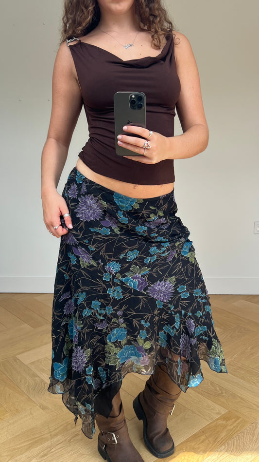 00s black floral maxi skirt- size L