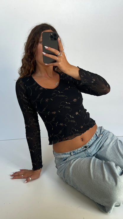 00s black floral top- size S