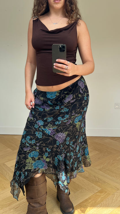 00s black floral maxi skirt- size L
