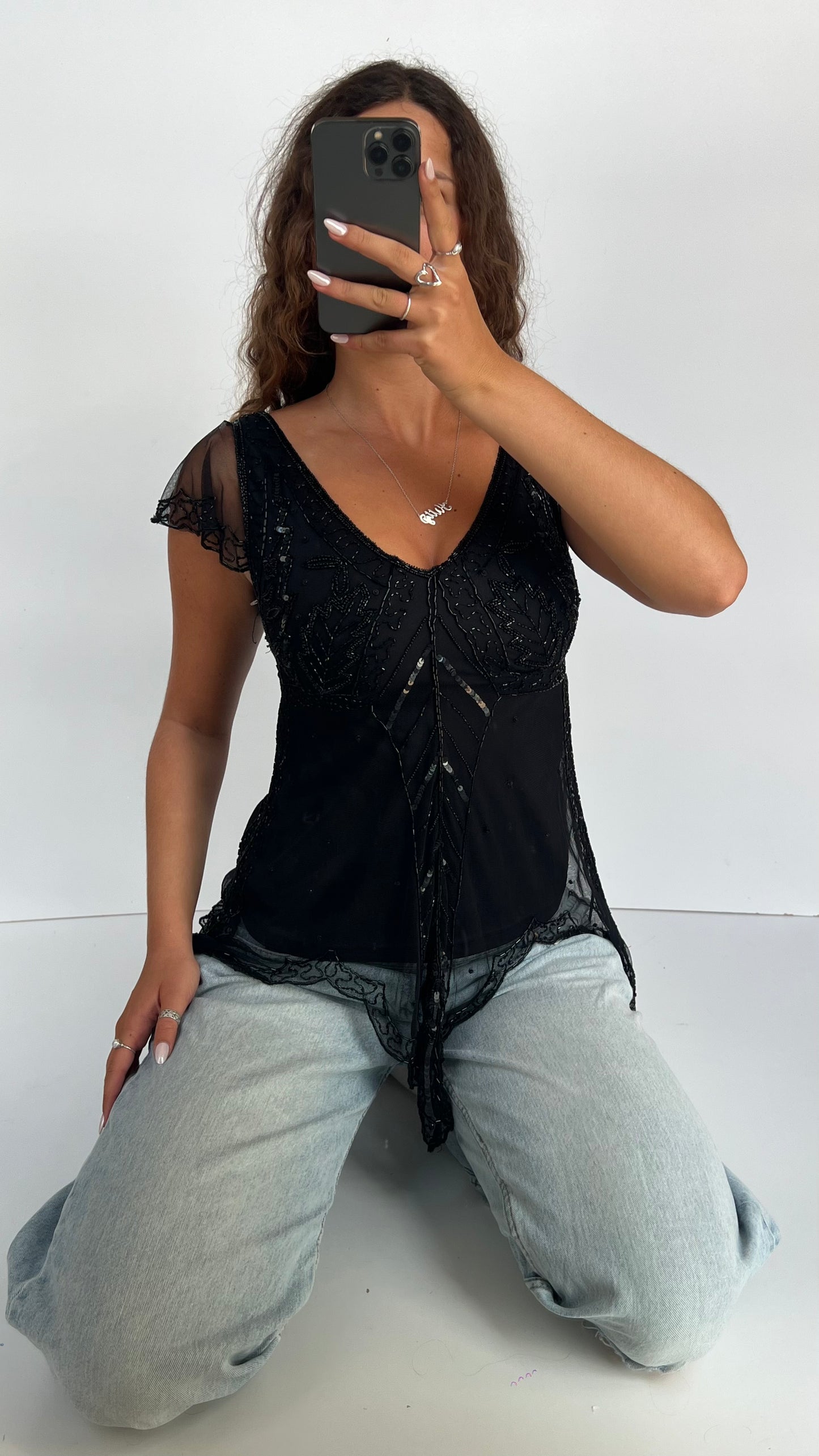 00s black beaded top- size S