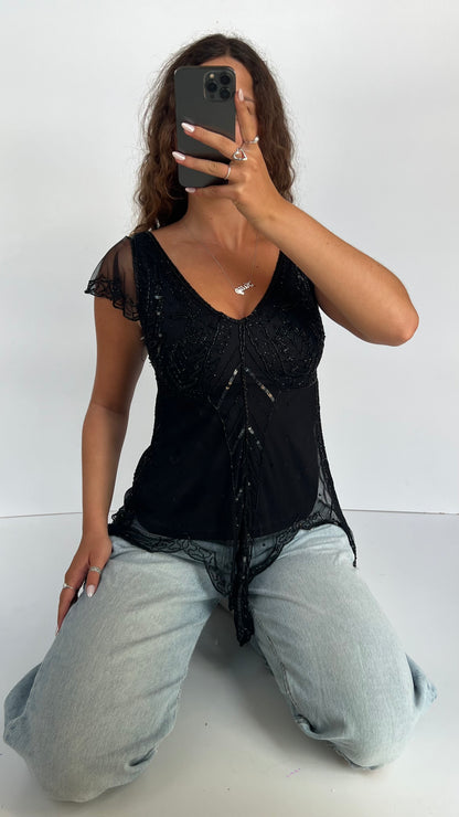 00s black beaded top- size S