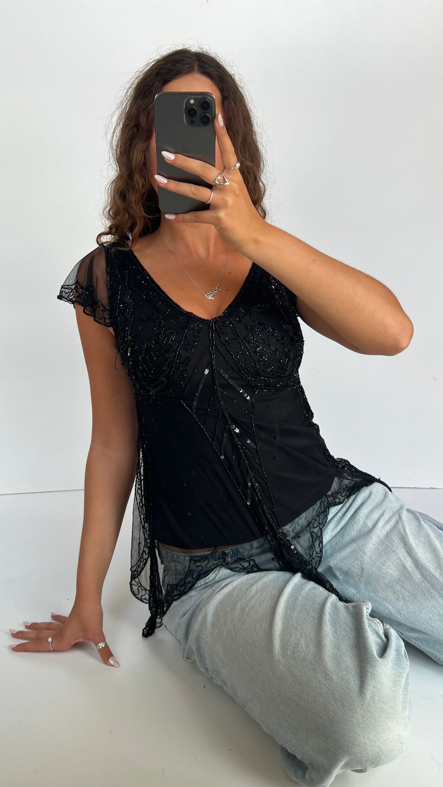 00s black beaded top- size S