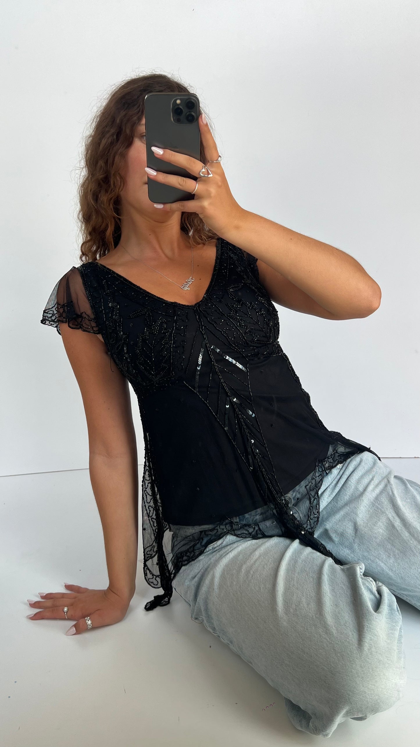 00s black beaded top- size S