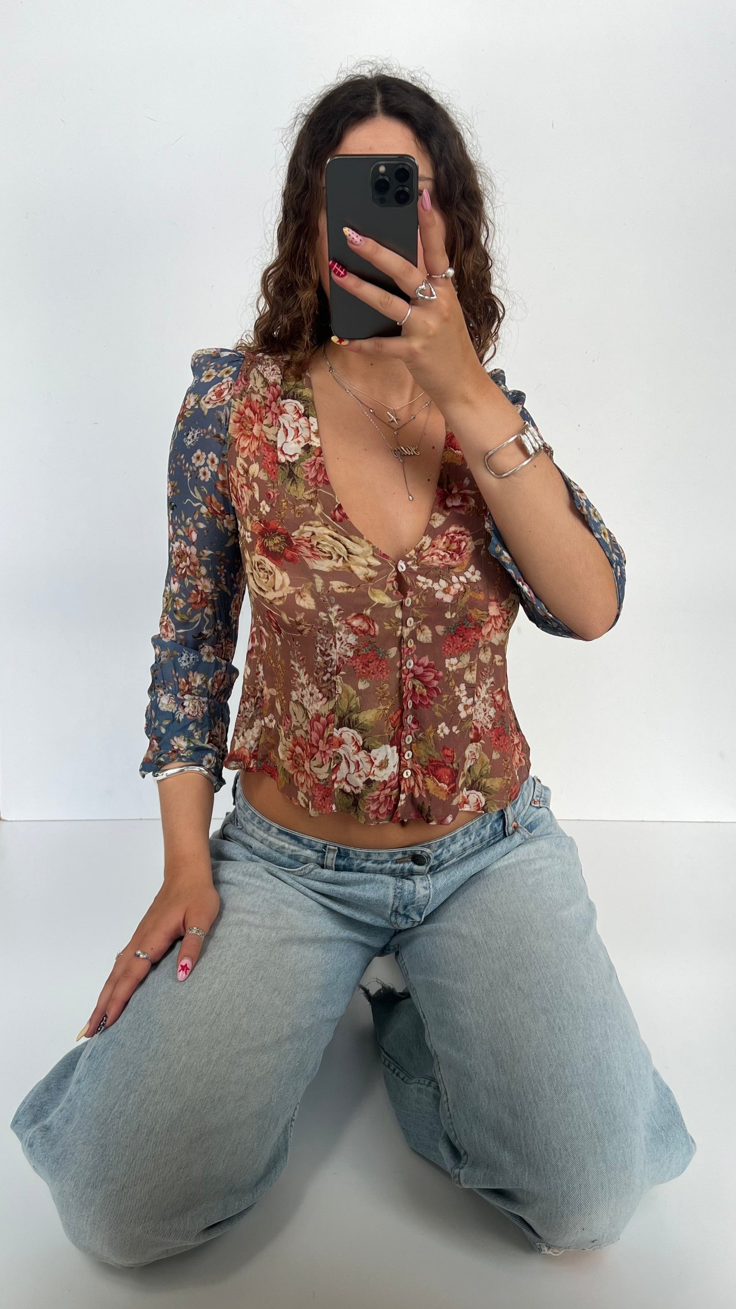 00s brown floral blouse- size S