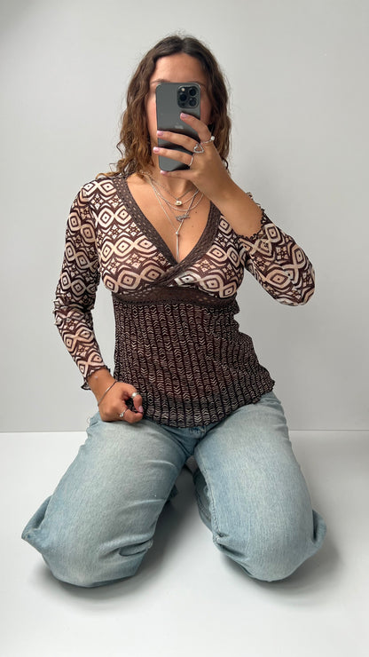 00s brown mesh long sleeve top- size M
