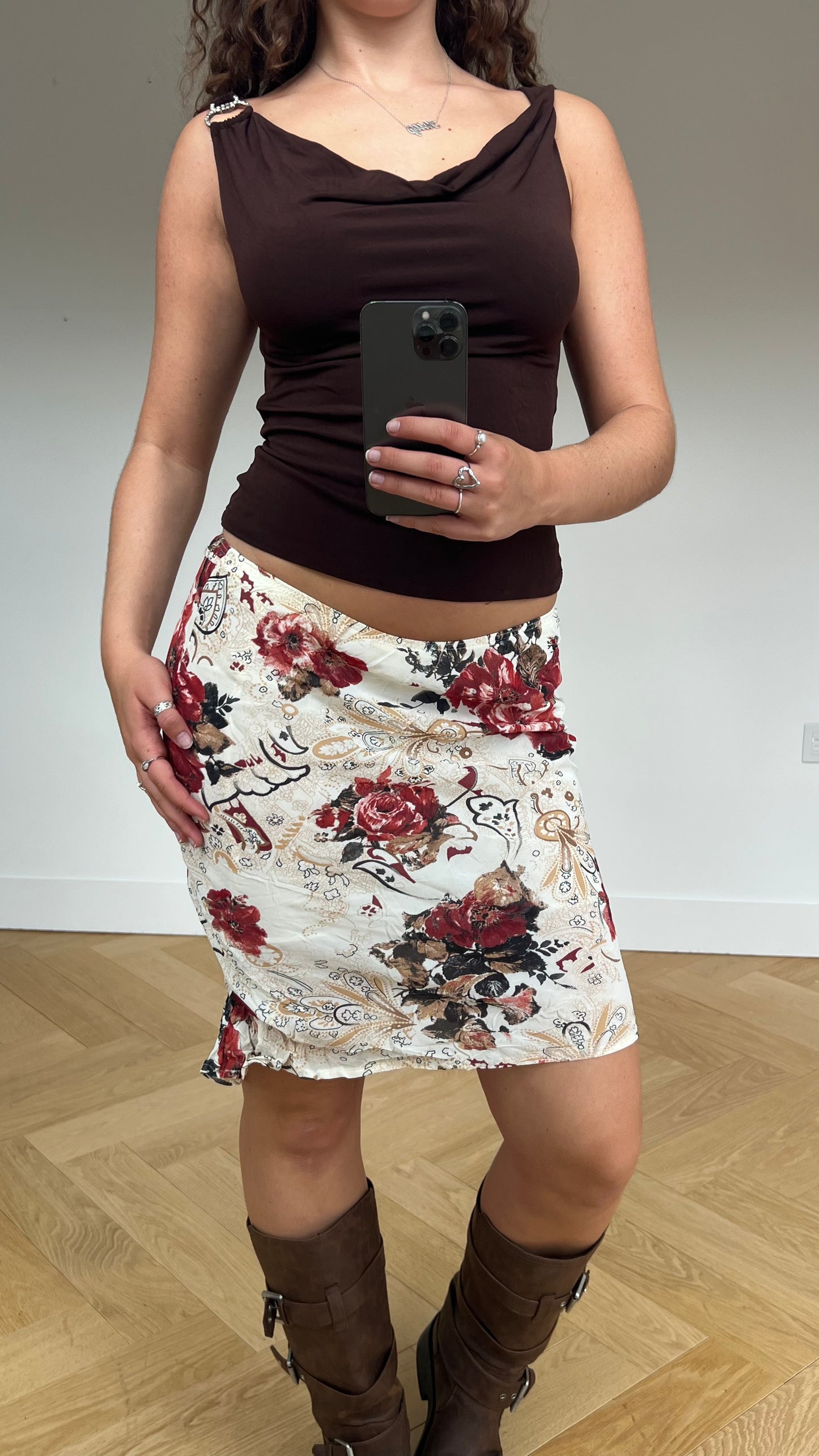 00s cream red floral midi skirt- size S