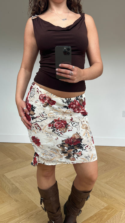 00s cream red floral midi skirt- size S