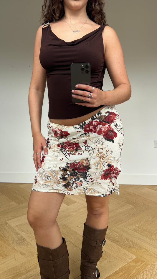 00s cream red floral midi skirt- size S