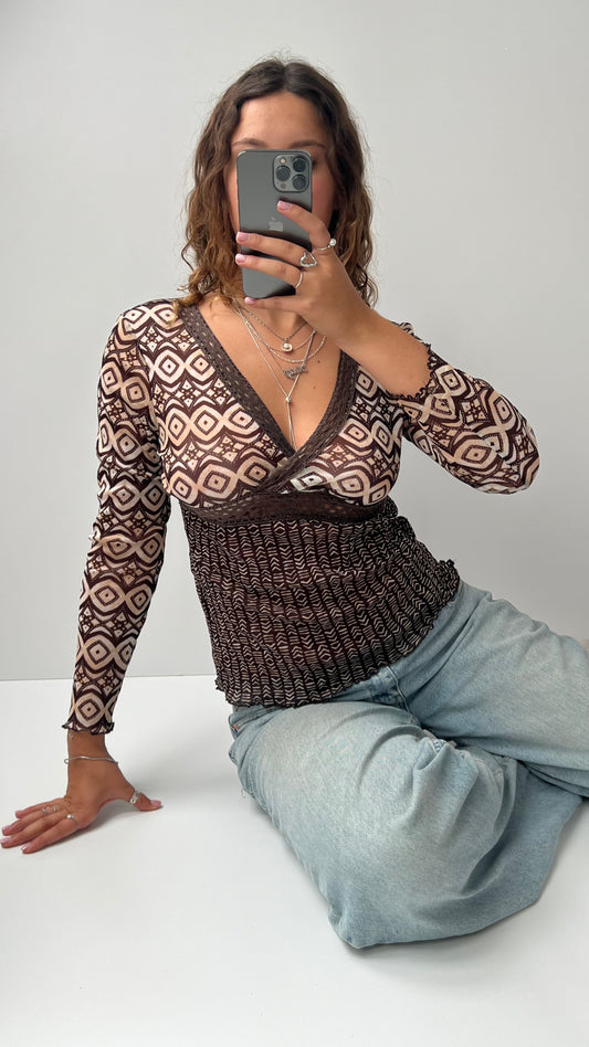 00s brown mesh long sleeve top- size M