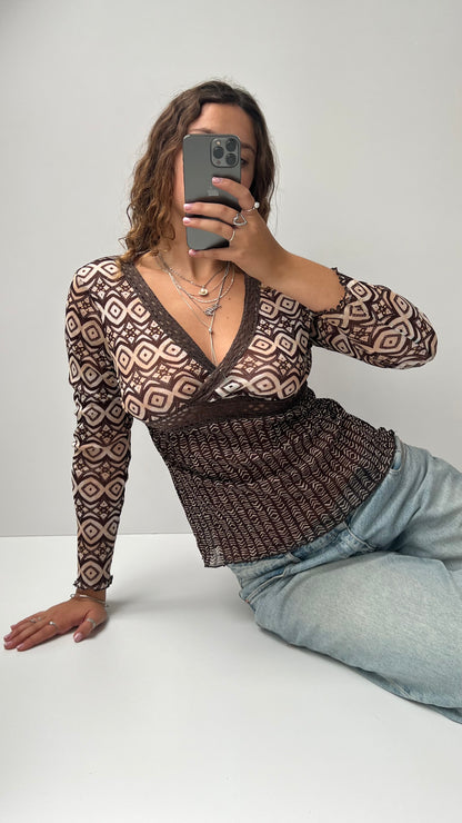 00s brown mesh long sleeve top- size M