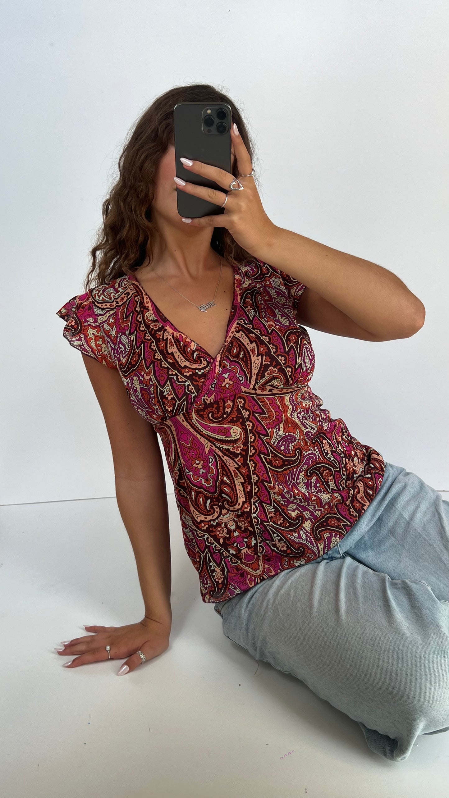 00s pink paisley top- size L