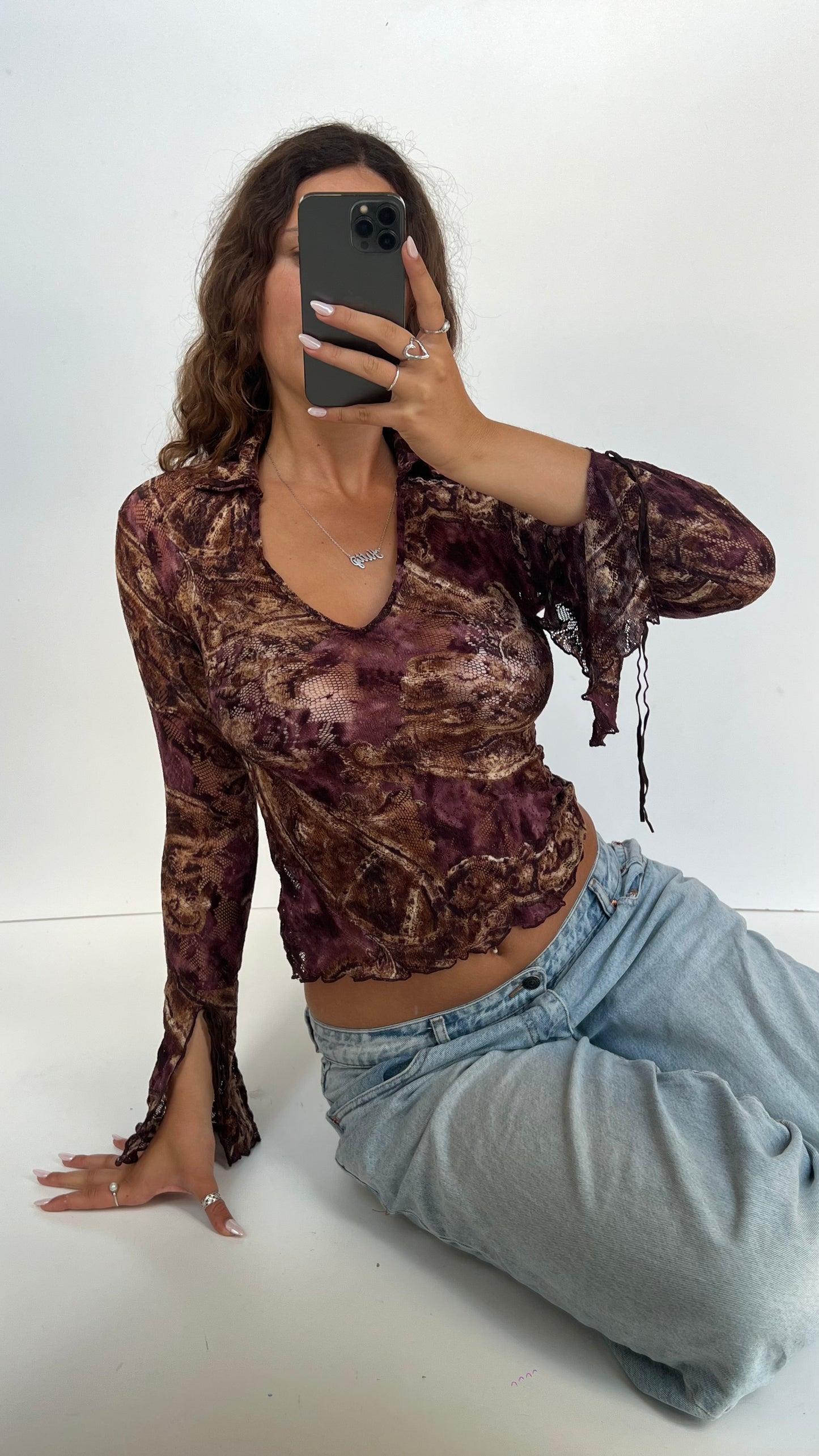 00s purple brown lace top- size S