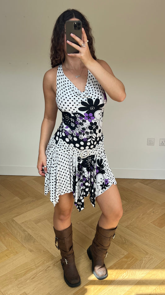 00s white floral polka dot mini dress- size M