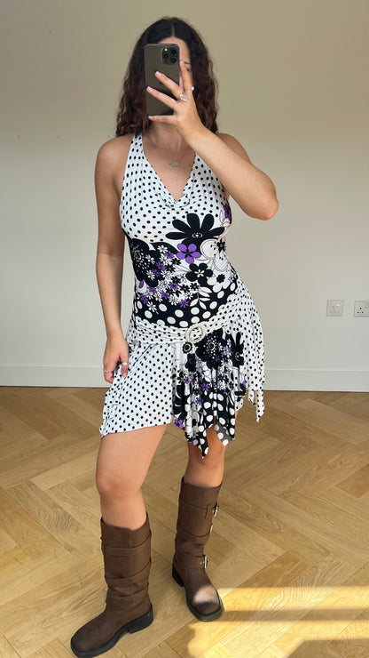 00s white floral polka dot mini dress- size M